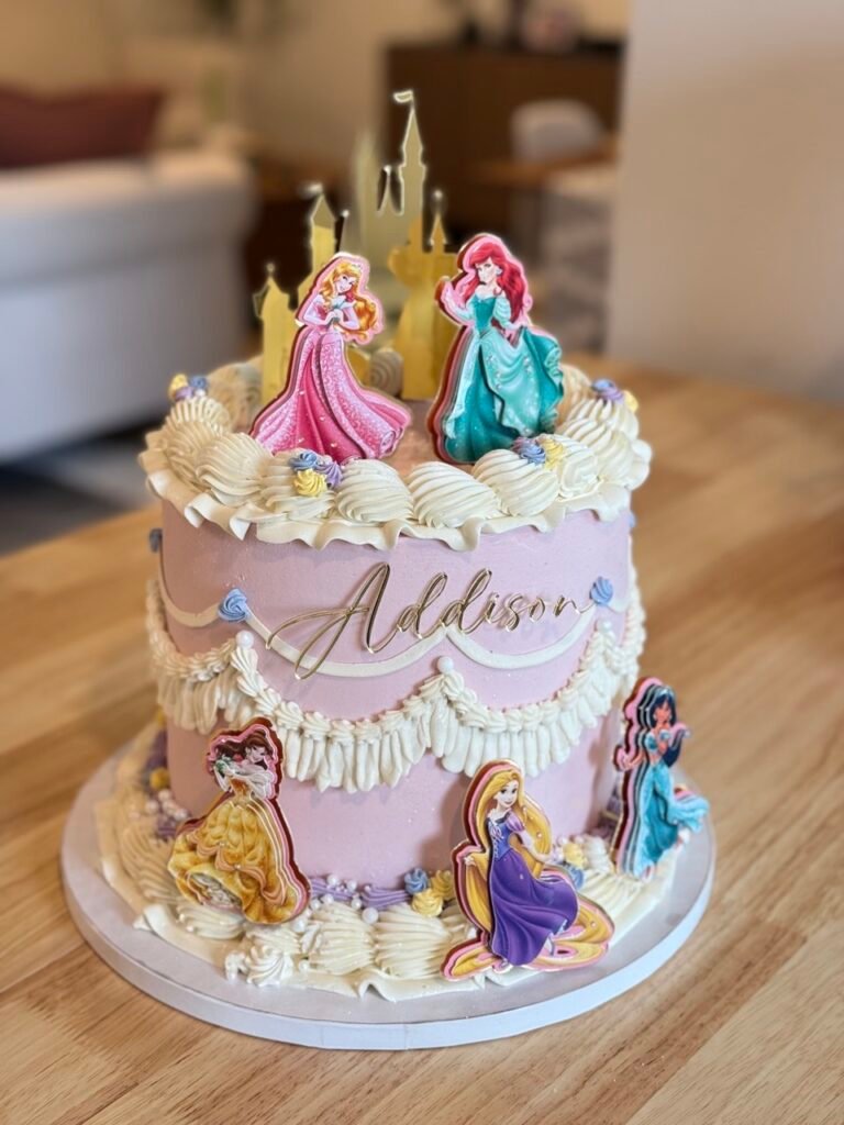 custom cake with thematic princes and pink color vintage