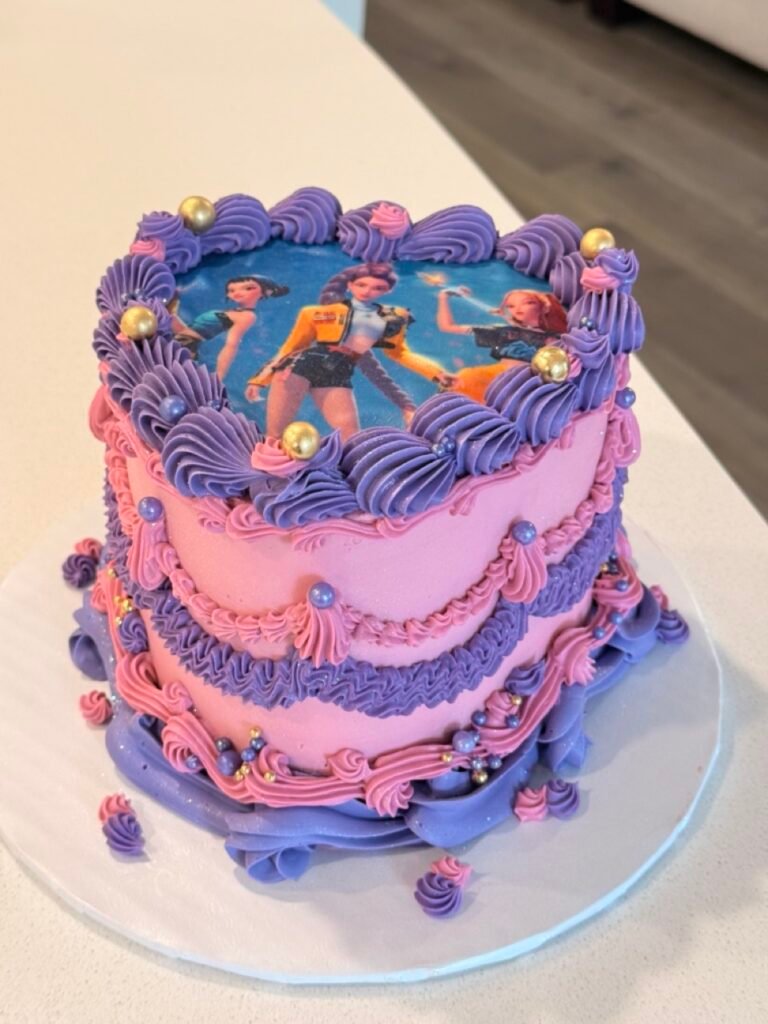 demon hunter heart shaped cake pink and purple